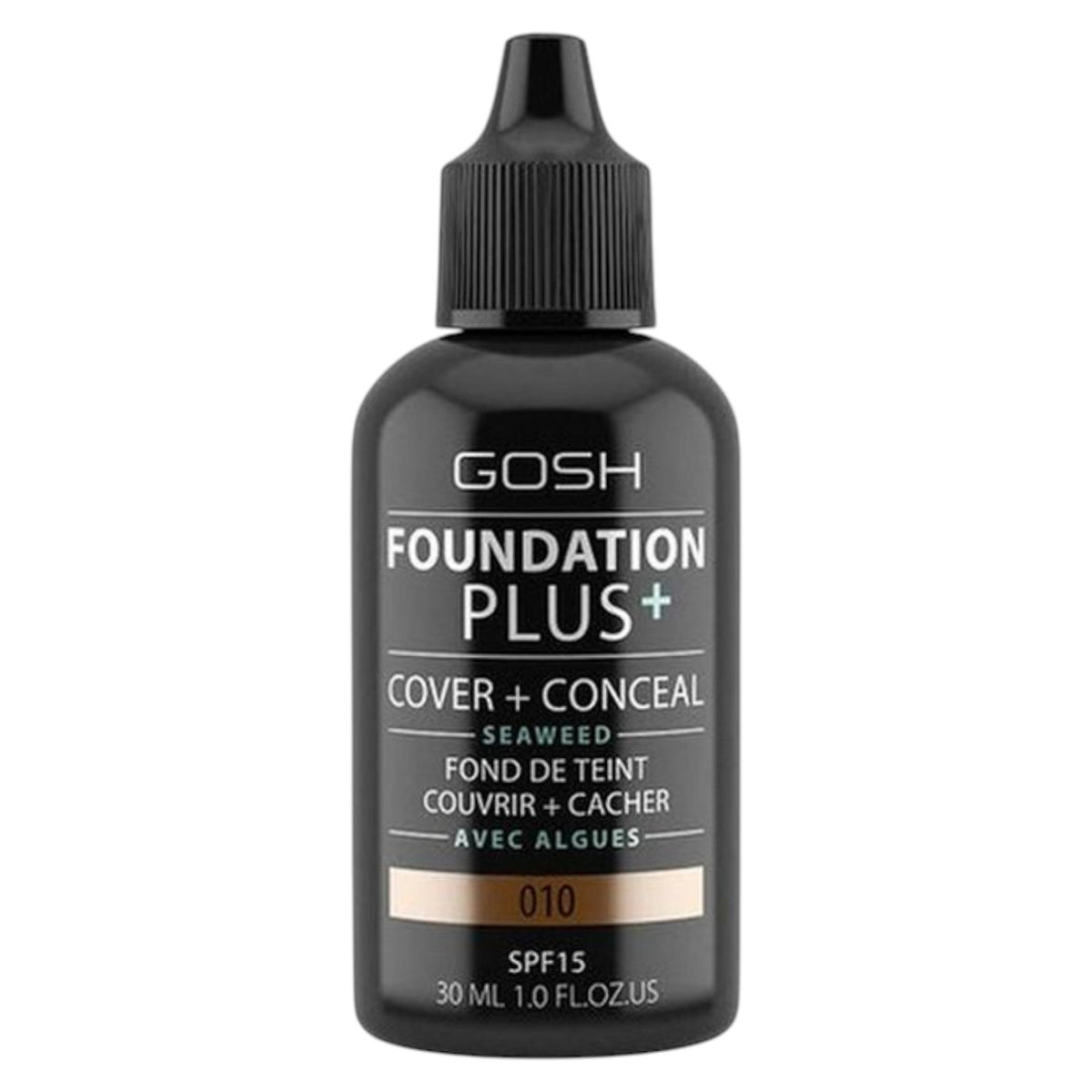 Gosh, Foundation Plus+, Cover & Conceal, Liquid Foundation, 010, Tan, SPF15, 30 ml