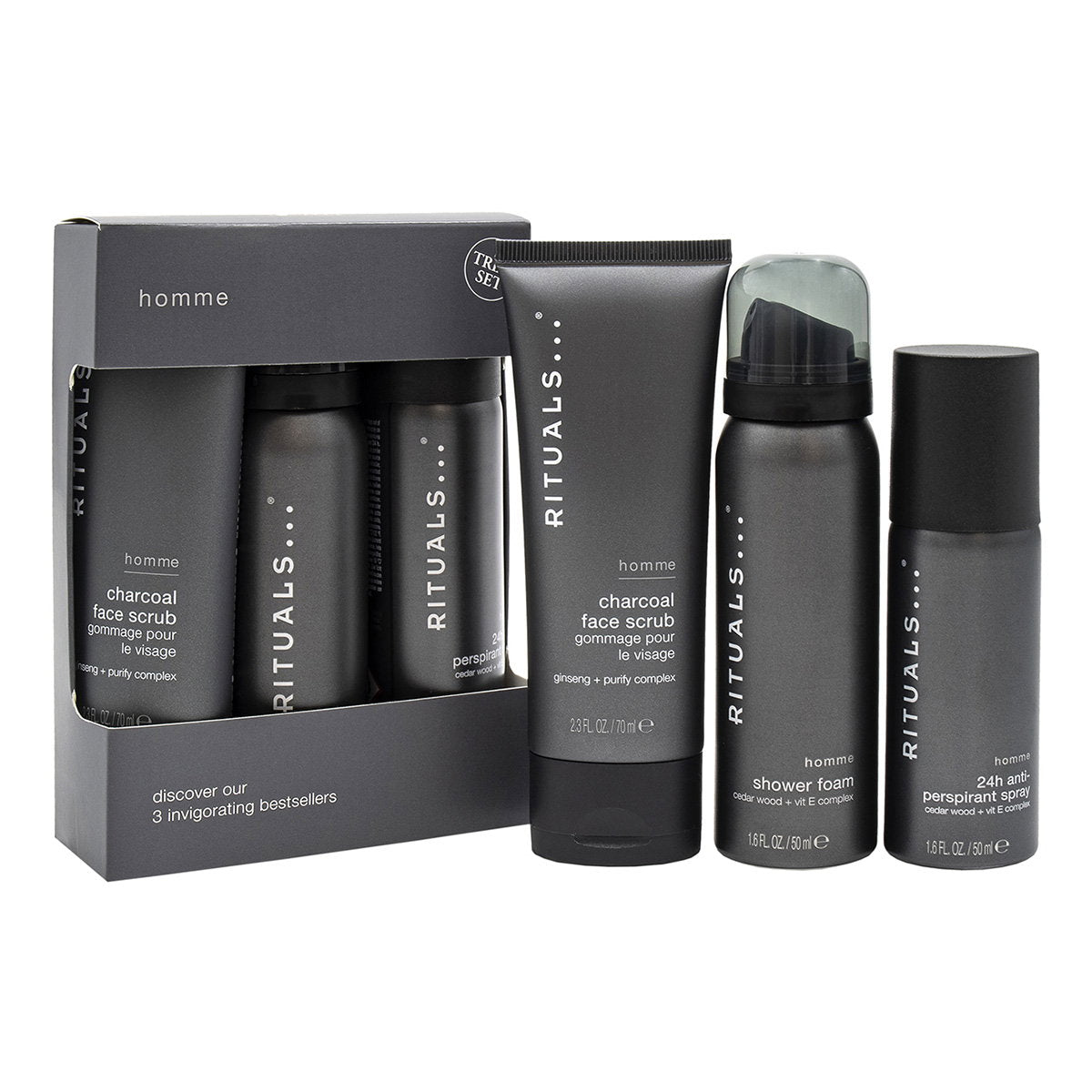 Set Rituals: Homme, Charcoal, Eliminates Impurities, Cleansing Scrub, For Face, 70 g + Homme, 24h Protection, Deodorant Spray, For Men, 50 ml + Homme, Cedar Wood + Vitamin E Complex, Shower Mousse, 50 ml