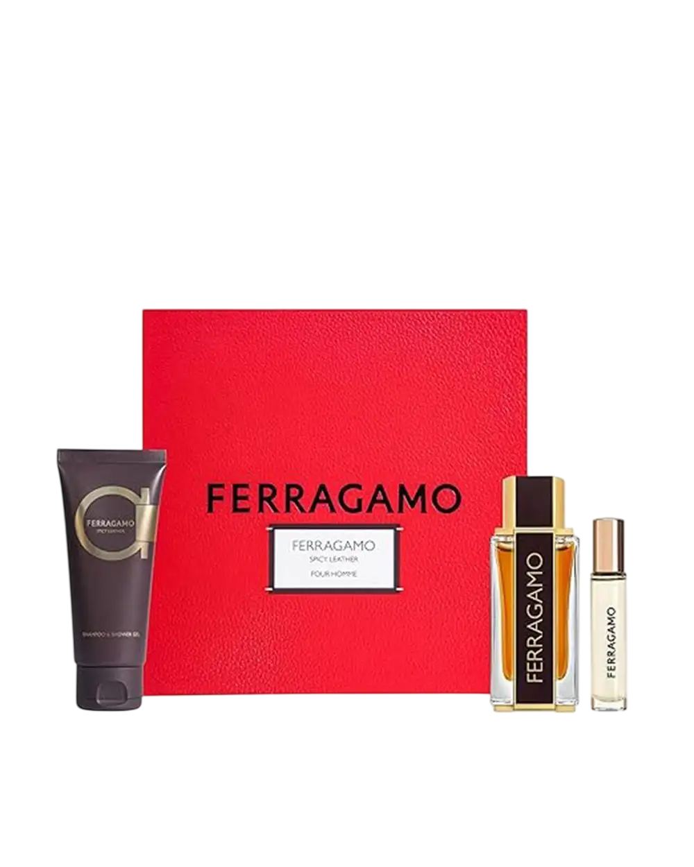 Set Salvatore Ferragamo: Ferragamo Spicy Leather, Eau De Parfum, For Men, 15 ml + Ferragamo Spicy Leather, Eau De Parfum, For Men, 100 ml + Ferragamo  Spicy Leather, Shower Gel, For All Skin Types, 100 ml
